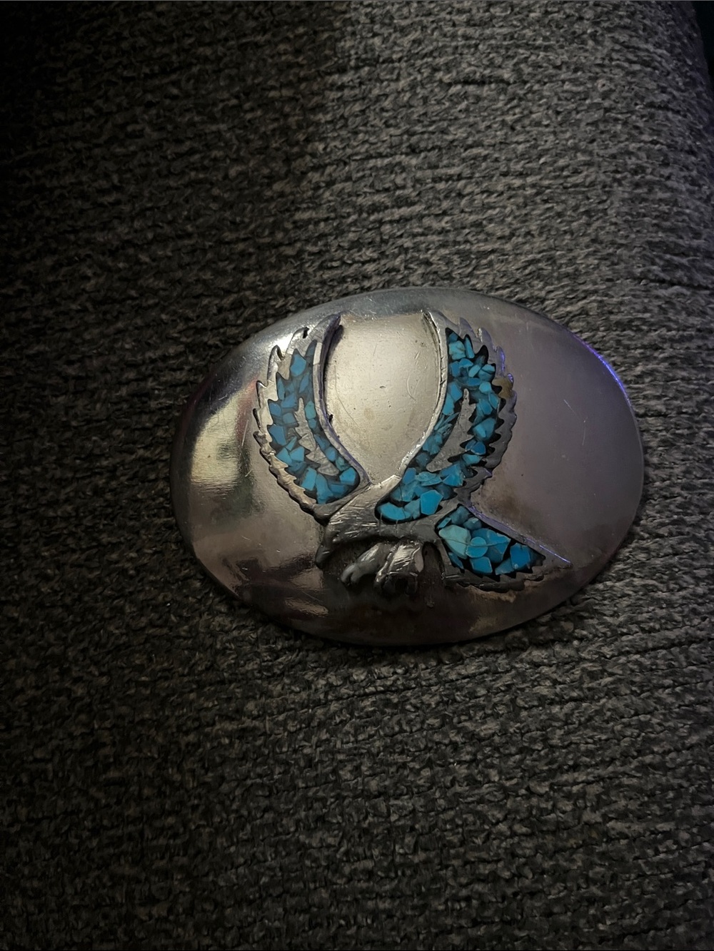 Silver Oval Belt Buckle with Turquoise Inlay Eagle
